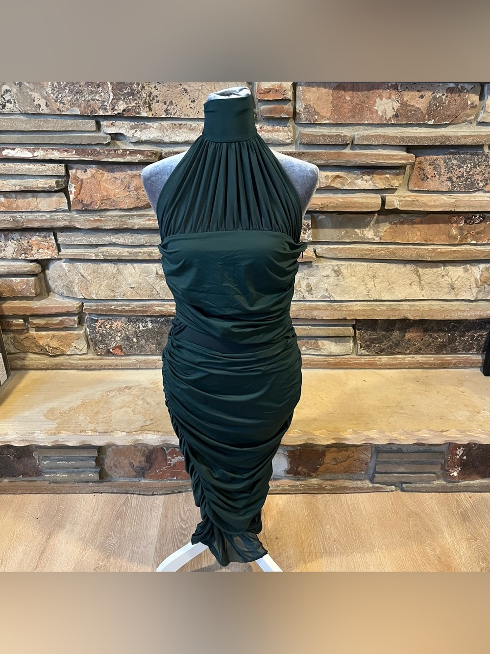SER.O.YA Esmee Midi Dark Green Halter Ruched Fitted Dress